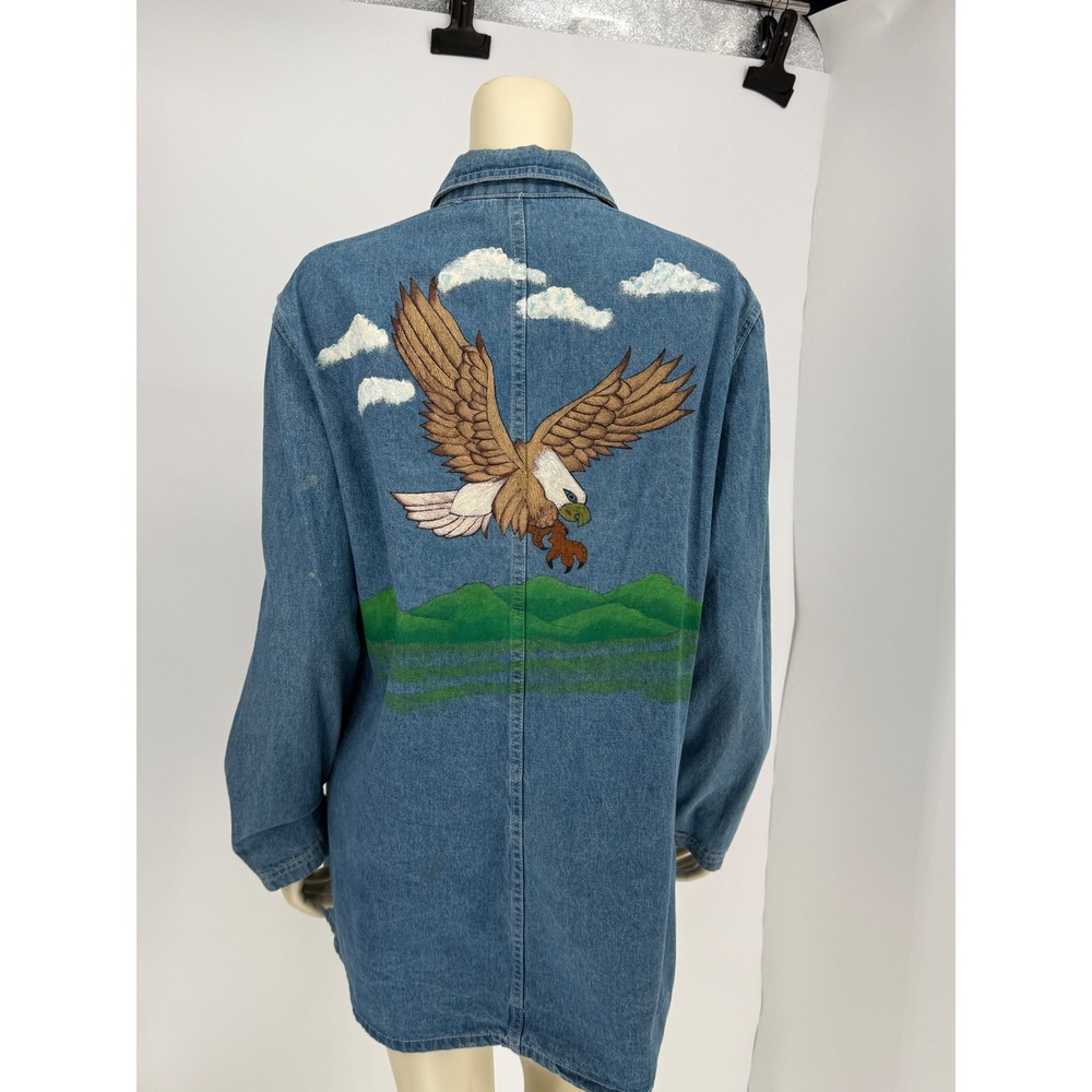 Vintage Hand Painted‎ Denim Chore Jacket Eagle Mountains USA Made Oversized M